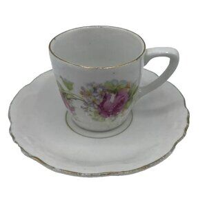 Vtg Demitasse Tea Cup Saucer Germany Crown Mark Floral Gold Tone Trim Regency